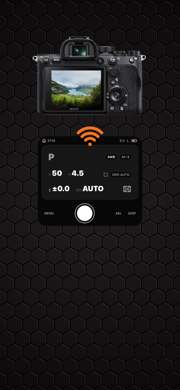 Phone showing live view and exposure controls for a connected Sony camera