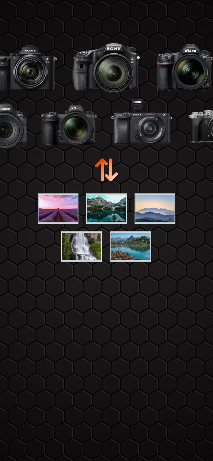 CameraConnect transferring photos from a row of mirrorless and DSLR cameras to a phone